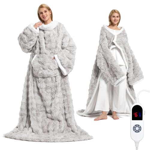 Wearable Heated Blanket, Luxury Faux Fur & Sherpa Electric Throw Blanket with Sleeves, Foot Pockets, Heated Robe for Women...