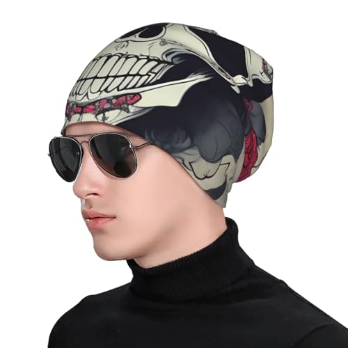 bnvaab Skull Yoga Print Beanie Hat for Men and Women Stretchy Slouchy Winter Warm Cap Headwear Accessory Black
