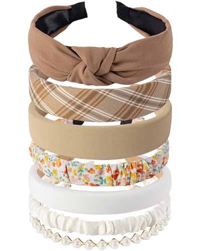 Sunolga 7 Pack Brown Headbands for Women Girls Non Slip Floral Padded Hairbands Cute Pearl Head bands Wide Headbands Trend...