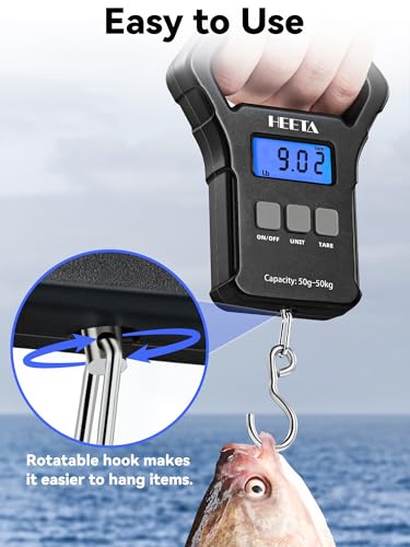 HEETA Fish Scale, 110lb/50kg Digital Portable Hanging Fishing Weight Scale with Backlit LCD Display, Luggage Scale with Ho...