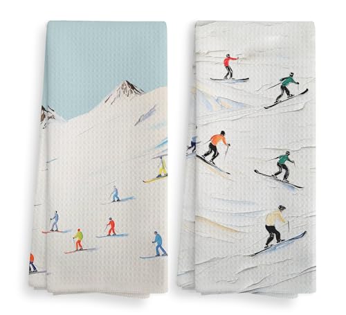 NOQL Winter Skiing Skier Kitchen Towels and Dishcloths Set of 2, Ski Skiing Gifts for Skiers, Ski Christmas Ornaments Deco...