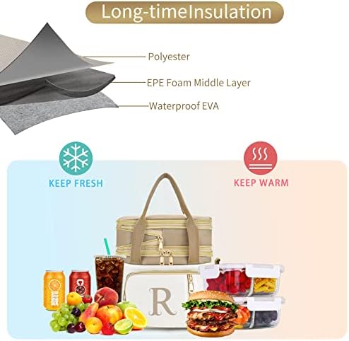 LOKASS Personalized Lunch Bag for Women Work, 16L Initial Insulated Lunch box for Adult/Womens Gift, Leakproof Personalized Gift Lunchbag with Adjustable Shoulder Strap, Cooler Bag Beige - T