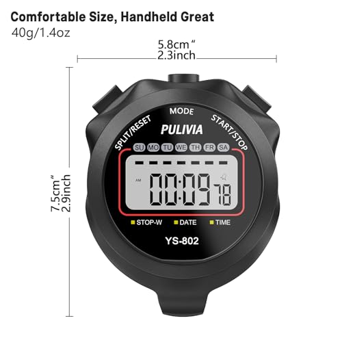PULIVIA Stopwatch Timer Lap Split Digital Stopwatch with Clock Calendar Alarm, Large Display Stop Watch for Sports Kids Co...