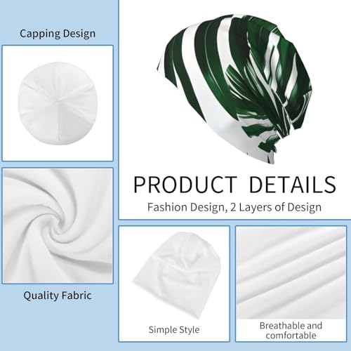 Green Palm Leafs Print Beanie Hat for Men and Women Stretchy Slouchy Winter Warm Cap Headwear Accessory