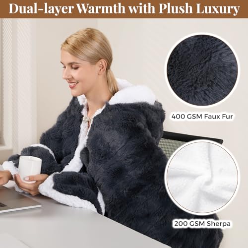 Wearable Heated Blanket Hoodie, Luxury Faux Fur & Sherpa Electric Throw Blanket, Heated Shawl Wraps Poncho with Pockets fo...