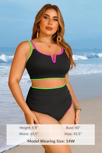 Women Plus Size High Waisted Bikini - Ribbed Two Piece Swimsuit Tummy Control Bathing Suit V-Wired 2025 Swimwear