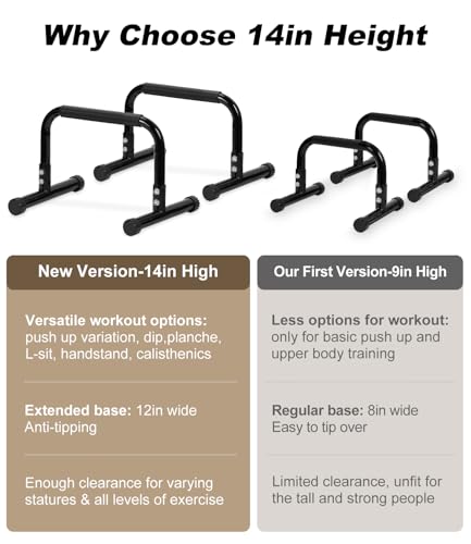 TABEKE Push Up Bar, 14'' High Steel Parallettes & Dip Bar with Full Coverage Foam Handle, Heavy-Duty Calisthenics Parallel...