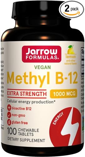 Jarrow Formulas Methyl B-12 1000 mcg - 100 Chewable Tablets, Lemon - Pack of 2 - Bioactive Vitamin B12 - Supports Energy Production, Brain Health & Metabolism - Gluten Free - 200 Total Servings