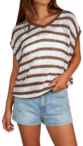 Yousify Womens Summer Crochet Tops Cap Sleeve Knit Pullover Sweater Vest V Neck Cover Ups Beach Vacation Clothes