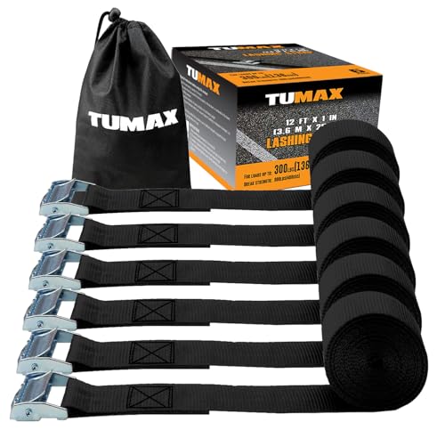 Tumax 6-Pack 1" x 12FT Cam Buckle Tie Down Straps, 900lbs Capacity Lashing Straps for Securing Cargo, Kayak, Canoe, Motorc...
