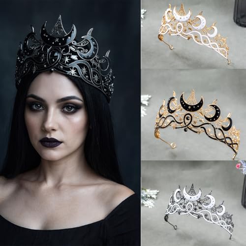 Celestial Queen Rhinestone Crown for Women, Gothic Moon and Star Tiara Headpiece, Royal Adult Cosplay & Bridal Wedding Hai...