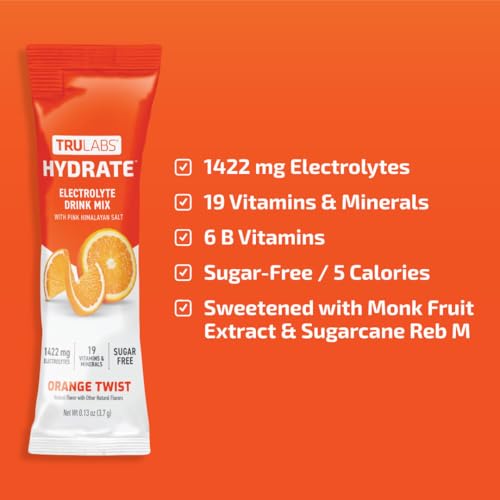 TRULABS Hydrate - Orange Twist. Sugar Free Electrolytes Hydration Packets. Each Serving Contains 1422 mg of Electrolytes &...
