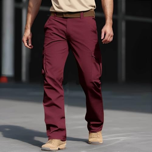 Men's Wide Leg Cargo Pants High Elastic Waist Cotton Drawstring Pants Casual Comfort Lightweight Hiking Trousers with Pocket