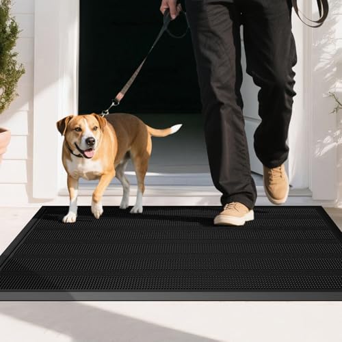 Mibao Front Door Mat Entrance, Waterproof All Weather All Season Non-Slip Rubber Welcome Mat, Dirt Trapper Low-Profile Hea...