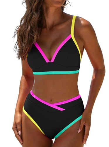 popvil High Waisted Bikini Sets for Women Neon Two Piece Swimsuit Sexy High Cut 2026 Bathing Suit