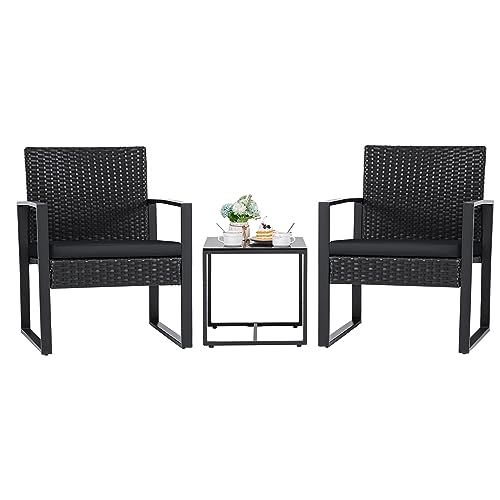 Flamaker 3 Pieces Outdoor Patio Wicker Furniture Set, Modern Rattan Chair Conversation Sets with Coffee Table for Yard and...