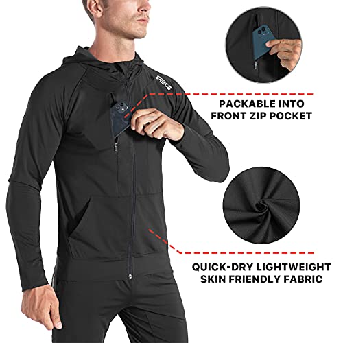 BROKIG Mens WindBreak Lightweight Running Jackets with Zip Pocket, Workout Track Hoodie Athletic Gym Sweatshirts Men