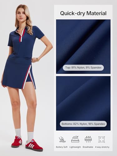 Women’s 2 Piece Tennis Skirt Set Colorblock V Neck Polo & High Waisted Side Slit Skort Athletic Outfit for Pickleball Golf
