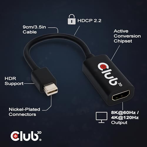 Club 3D Mini DisplayPort to HDMI Adapter 8K@60Hz 4K@120Hz - Active mDP 1.4 to HDMI Converter for Gaming PC, Aorus Series -...