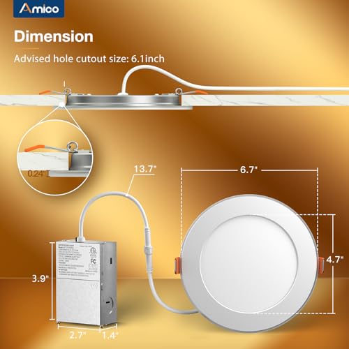 Amico 6 Pack 6 Inch 5CCT LED Recessed Ceiling Light with Night Light, 2700K/3000K/3500K/4000K/5000K Selectable Ultra-Thin ...