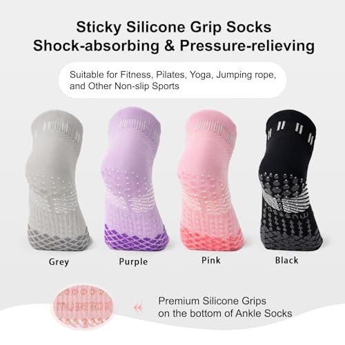 musesox 4 Pairs Non-Slip Pilates Socks for Women with grips,Grippy Ankle Socks for Yoga,Barre,Hospital,Gym,Dance