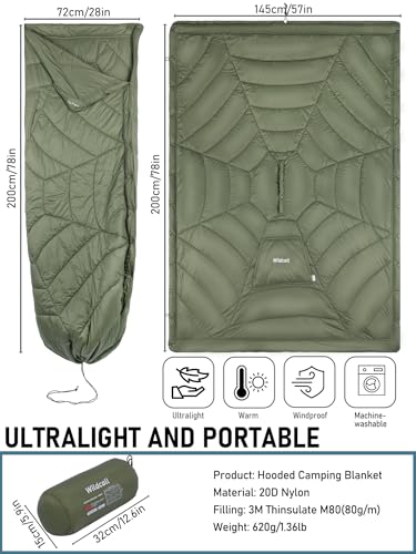 WildCall Hooded Camping Blanket with 3M Thinsulate Insulation Wearable Poncho Blanket Ultralight Foldable Quilt Sleeping B...