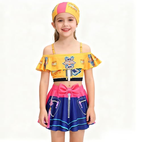 Phelgox Little Girls Two-Piece Swimsuit with Swim Cap Demon Hunter Merch Costume Swimwear for Bathing Suits