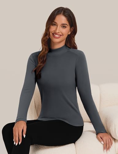 Bonneuitbebe Women's Thermal Top Long Sleeve Fleece Lined Undershirts Mock Neck Stretchy Base Layer Tops Cold Weather