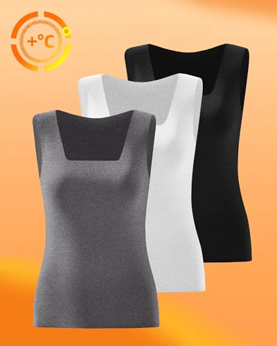 Velvelhall 3 Pack Women's Thermal Tank Tops, Fleece Lined Raw Hem Sleeveless Tops Camisole Warm Square Neck Base Layer Vest