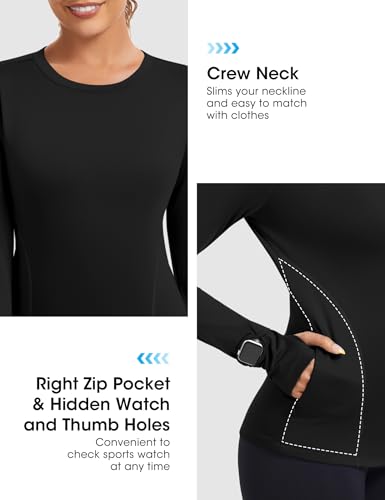 Loovoo Thermal Shirts for Women Long Sleeve Workout Tops Crewneck Fleece Base Layer Running Athletic Tee with Zipper Pocket