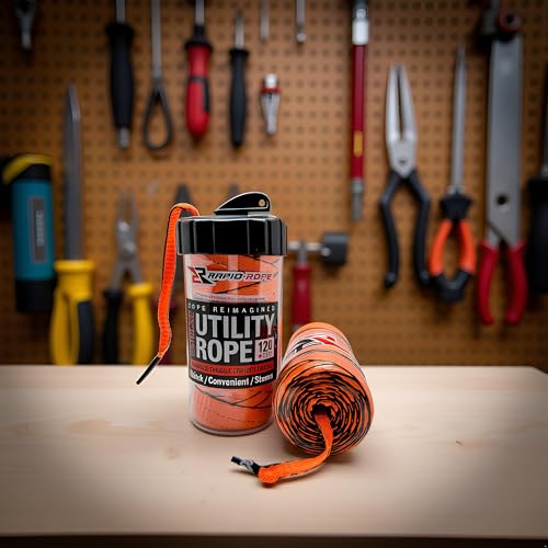 Rapid Rope Canister 120ft Orange Flat Tactical Paracord, Made in USA, 1100lb Tested Heavy Duty Poly Rope Test Cord, Non-Ta...