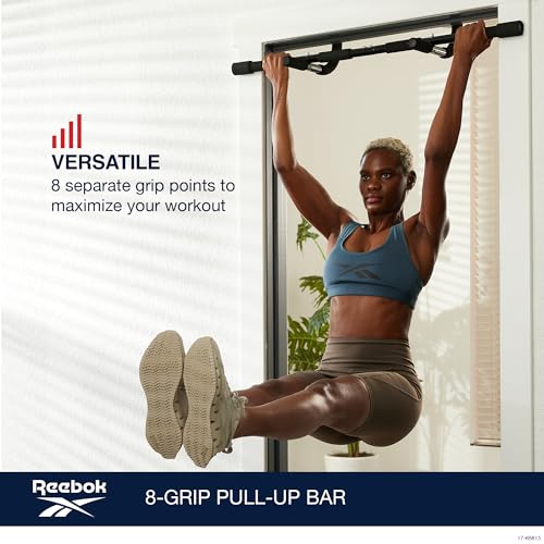 Reebok 8-Grip Pull-Up Bar, Multi-Function Upper Body Workout Rod, Door Frame Fitness Beam with 8 Sure Grip Foam Handles, P...