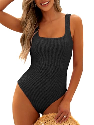 ANRABESS Womens One Piece Swimsuit Square Neck Backless Solid Modest Full Coverage Ribbed Bathing Suits 2026 Summer Swimwear