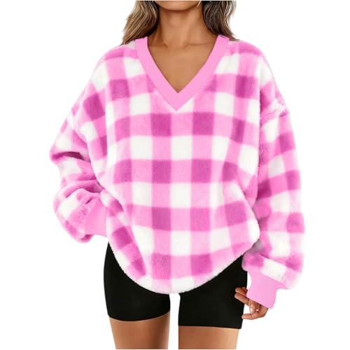V Neck Sweatshirts For Women Oversized Flannel Long Sleeve Sweatshirt Fleece Tops Plaid Fuzzy Hoodies Fall Soft Blouse