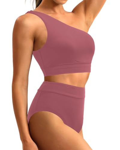 Holipick Women One Shoulder High Waisted Bikini Sets Two Piece Swimsuit Tummy Control Bathing Suit Full Coverage Swimwear