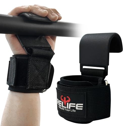 RELIFE REBUILD YOUR LIFE Lifting Hooks for Men and Women(Pair), Pull Up Straps, Gym Reapers Lifting Wrist Grips, Heavy Pow...