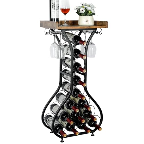 X-cosrack Wine Rack Freestanding Floor, Mini Bar Table Wine Holder Stand Liquor Cabinet with Glass Holder Wood Tabletop 14...