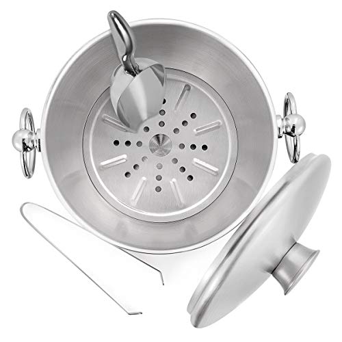 Ice Bucket with Lid, Scoop, Tongs and Strainer - Well Made Insulated Stainless Steel Keep Ice Frozen Longer - Ideal for Co...
