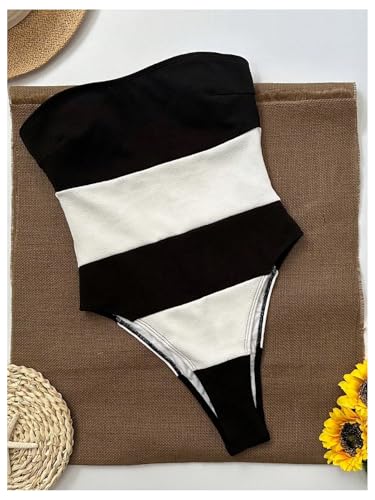 WDIRARA Women's One Piece Color Block Strapless Swimsuit High Cut Bandeau Bathing Suit