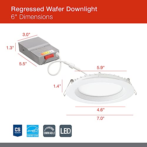 Juno LED Recessed Lights 6 Inch Round Wafer Downlight, 5-in-1 Switchable White Color Temperature, 120 Volts, 6-Inch Regressed Trim, Matte White, 6-Pack (WF6 REG SWW5 90CRI CP6 MW M2)