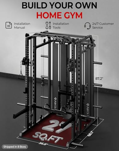 Mikolo Smith Machine with Weight Stack, Power Cage Home Gym System with LAT Pulldown & Cable Crossover, Multi-Functional T...
