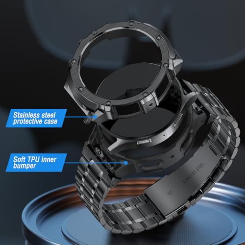 BAITEYOU Stainless Steel Bands with Case Compatible with Samsung Galaxy Watch 7 44mm, Rugged Protective Case Cover and Met...