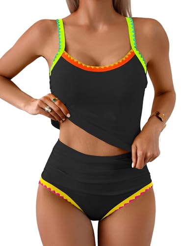 Eomenie Tankini Swimsuit for Women Tummy Control Ruched Two Piece Bathing Suits High Waisted Shell Stitch Swimwear