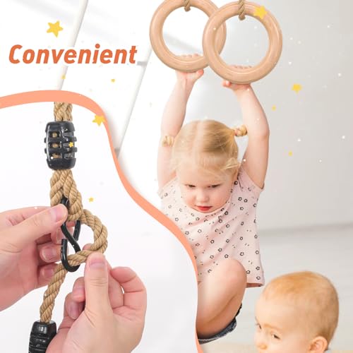 YAERSI Wooden Gymnastics Rings,Pull up Rings with Adjustable Buckle, Wooden Swing Rings for Kid's Home Exercise