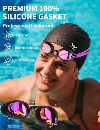 AzureWings Swim Goggles for Men Women – No Leak Anti-Fog UV HD Wide Vision, Racing & Swimming Goggles Black-Electroplate
