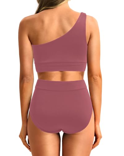 Holipick Women One Shoulder High Waisted Bikini Sets Two Piece Swimsuit Tummy Control Bathing Suit Full Coverage Swimwear
