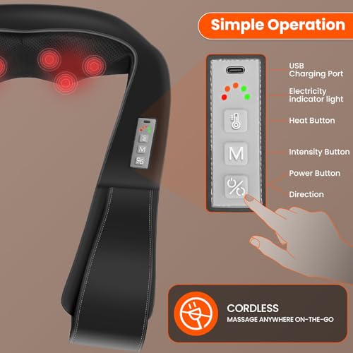 AMZPONY® Cordless Neck Massager for Pain Relief Deep Tissue, Rechargeable Shiatsu Neck and Back Massager with Heat Kneadin...