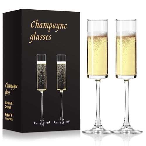 Ocean ice Glass Champagne Flutes Glass, Straight Champagne Glasses Set of 2, Stemmed Mimosa Glasses 7oz, Hand Blown Champa...