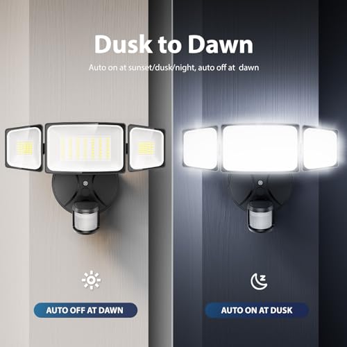 Onforu 75W LED Flood Light Motion Sensor Outdoor, 7000lm Dusk to Dawn Flood Light, Security Light with Three Head, IP65 Wa...