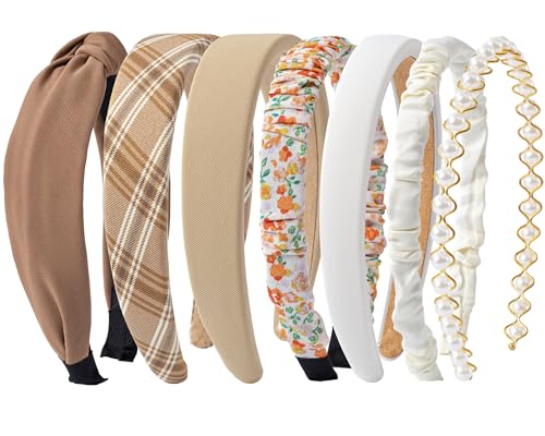 Sunolga 7 Pack Brown Headbands for Women Girls Non Slip Floral Padded Hairbands Cute Pearl Head bands Wide Headbands Trend...